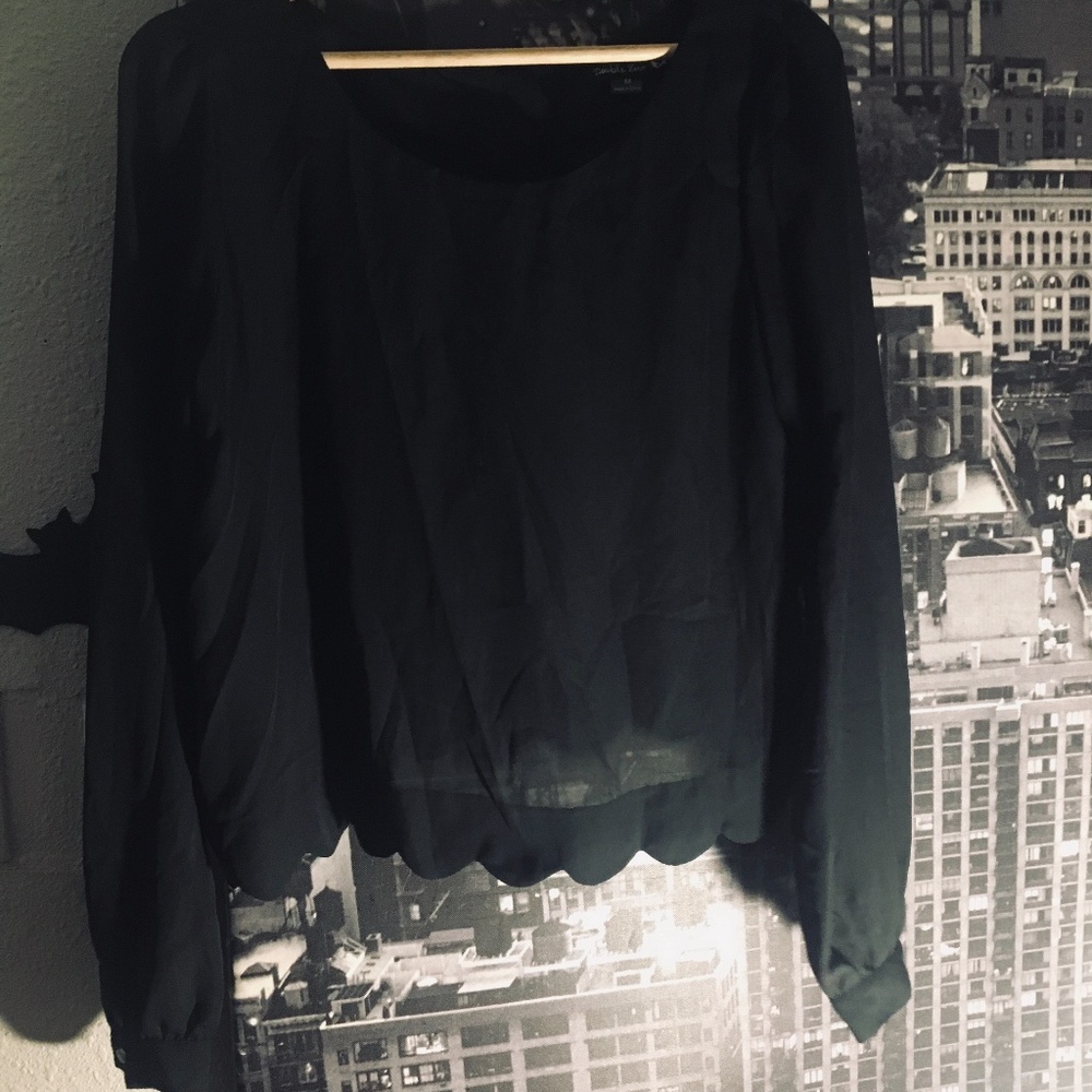 Cute black blouse scalloped hem